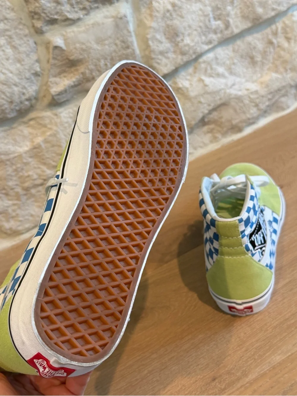 Vans Lime Green Suede High-Top Sneakers with Blue Checkerboard